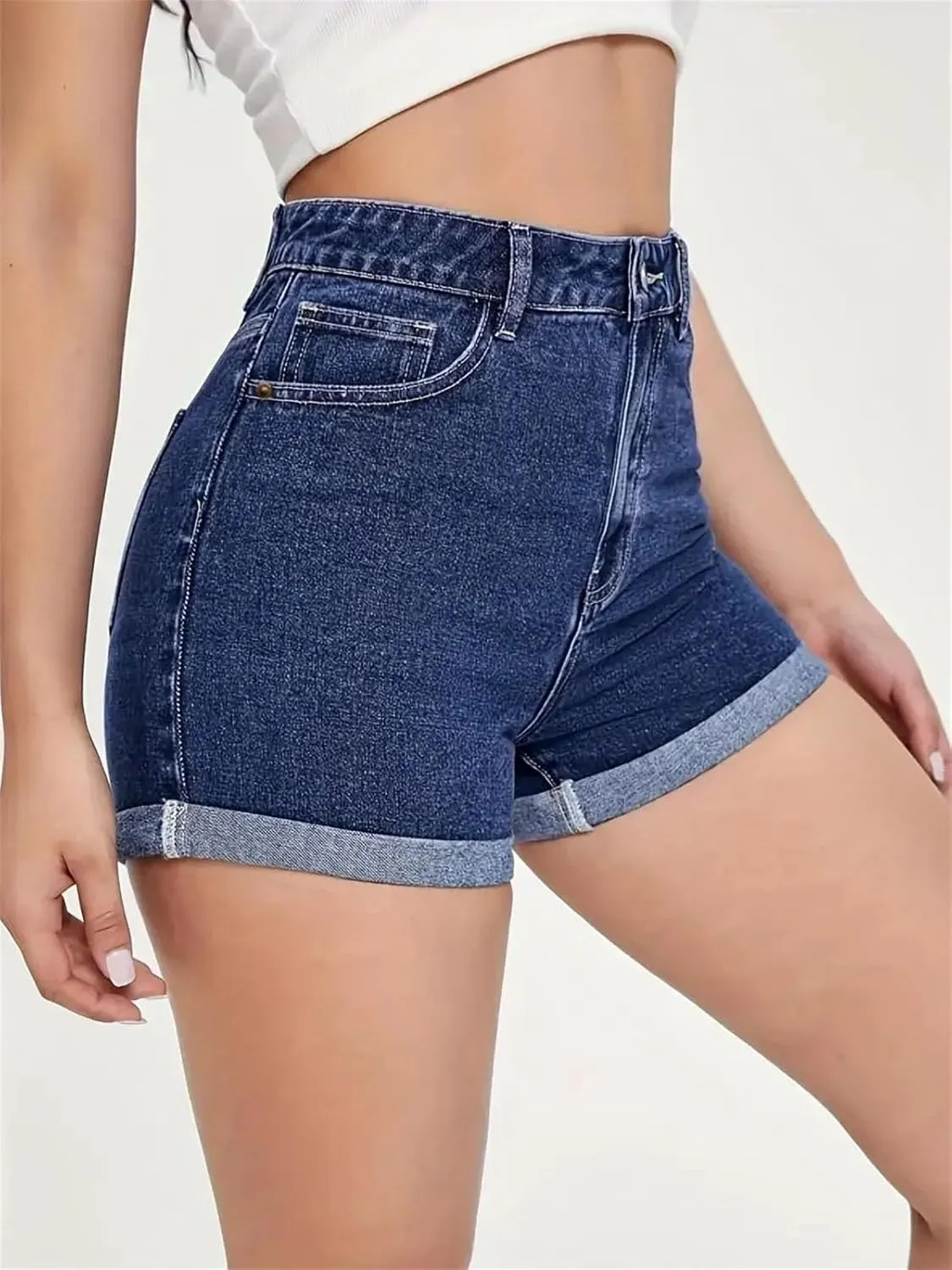 Women's Summer Casual Straight Leg Denim Shorts High Waisted Stretchy Jeans Shorts with Pockets Front
