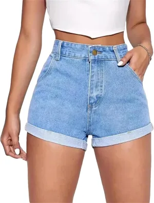 Women's Summer Casual Straight Leg Denim Shorts High Waisted Stretchy Jeans Shorts with Pockets Front