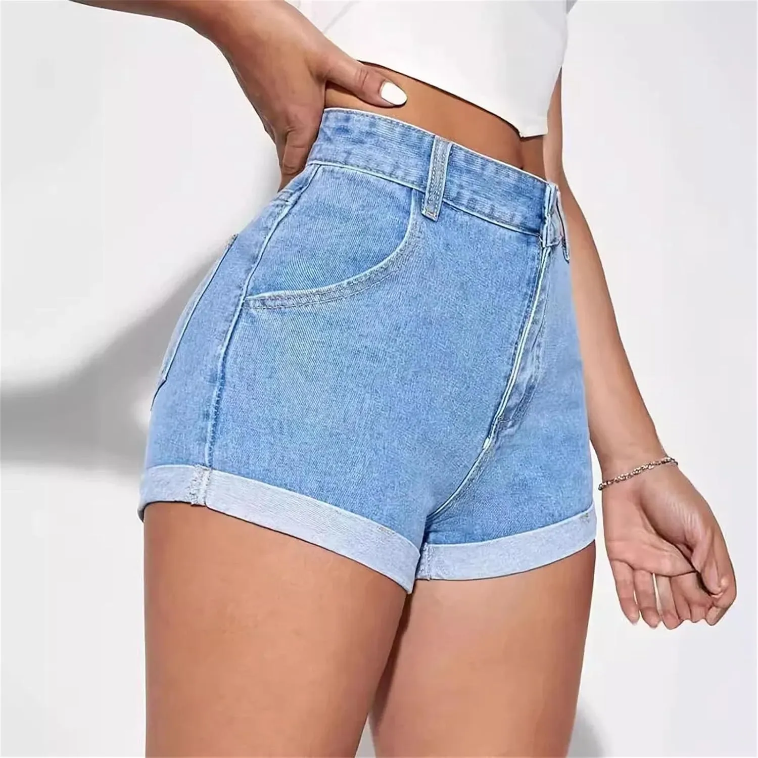 Women's Summer Casual Straight Leg Denim Shorts High Waisted Stretchy Jeans Shorts with Pockets Front