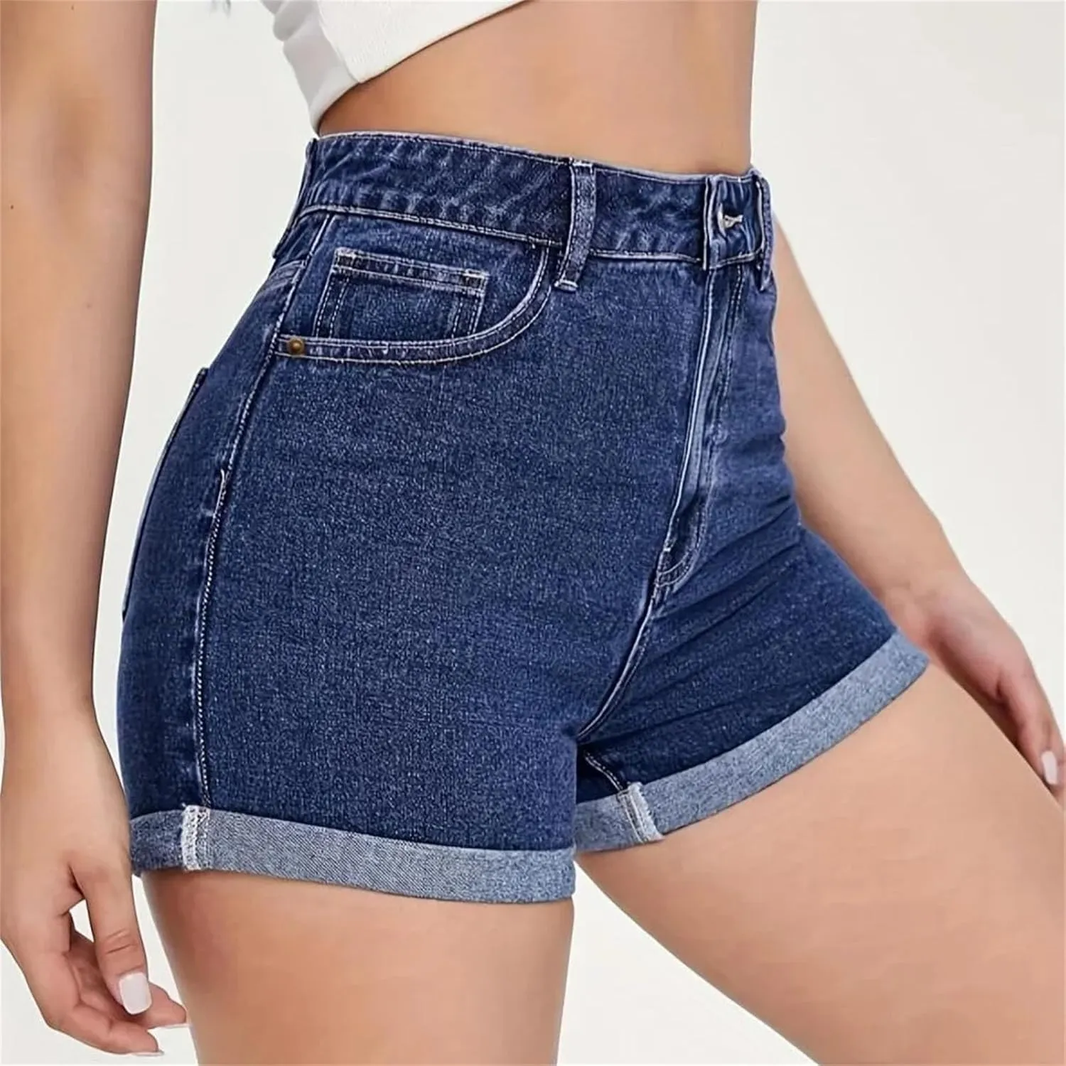 Women's Summer Casual Straight Leg Denim Shorts High Waisted Stretchy Jeans Shorts with Pockets Front