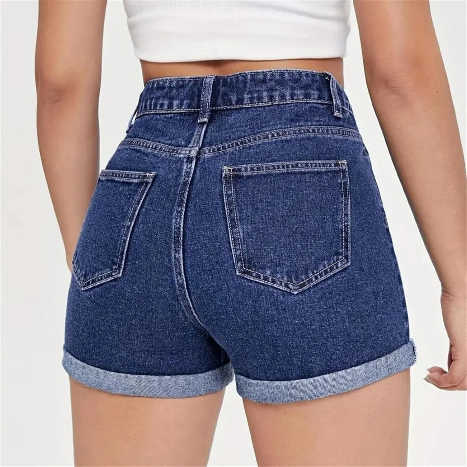 Women's Summer Casual Straight Leg Denim Shorts High Waisted Stretchy Jeans Shorts with Pockets Front