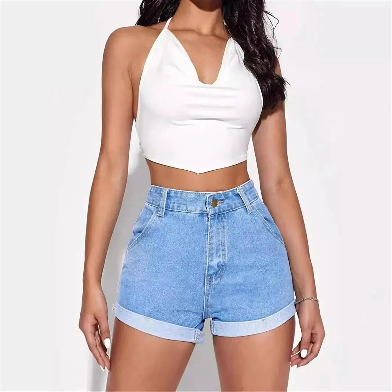 Women's Summer Casual Straight Leg Denim Shorts High Waisted Stretchy Jeans Shorts with Pockets Front