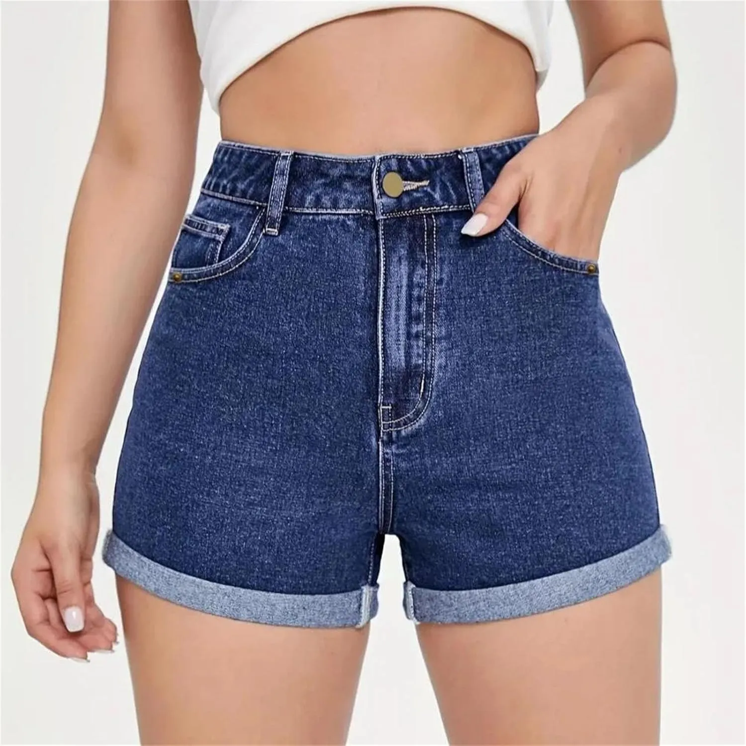 Women's Summer Casual Straight Leg Denim Shorts High Waisted Stretchy Jeans Shorts with Pockets Front