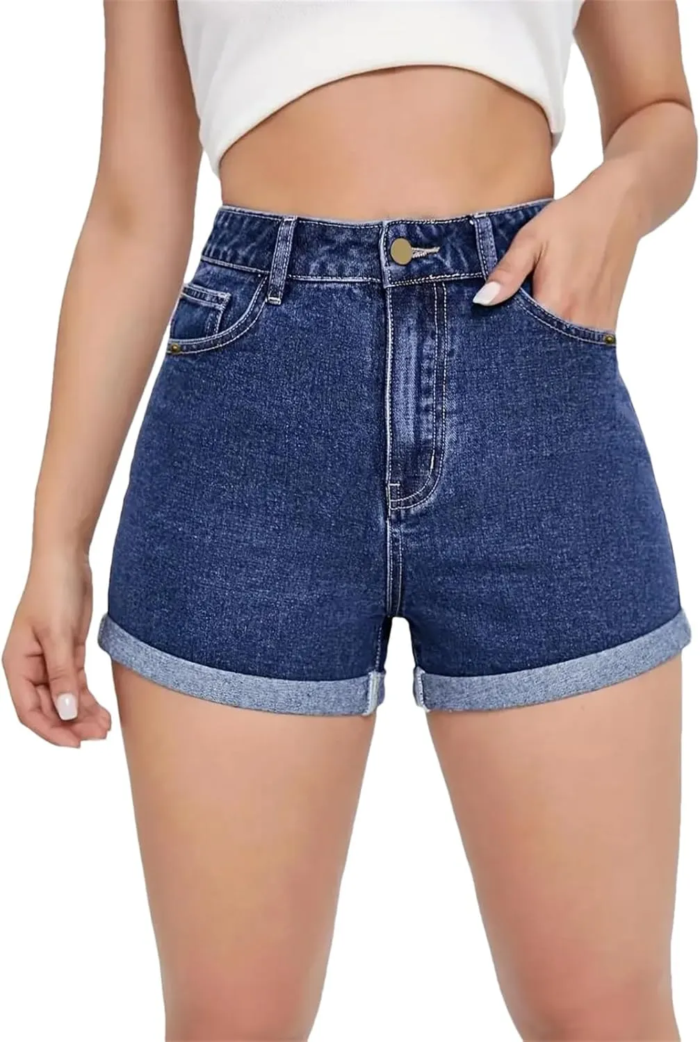 Women's Summer Casual Straight Leg Denim Shorts High Waisted Stretchy Jeans Shorts with Pockets Front