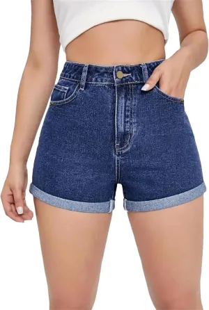 Women's Summer Casual Straight Leg Denim Shorts High Waisted Stretchy Jeans Shorts with Pockets Front