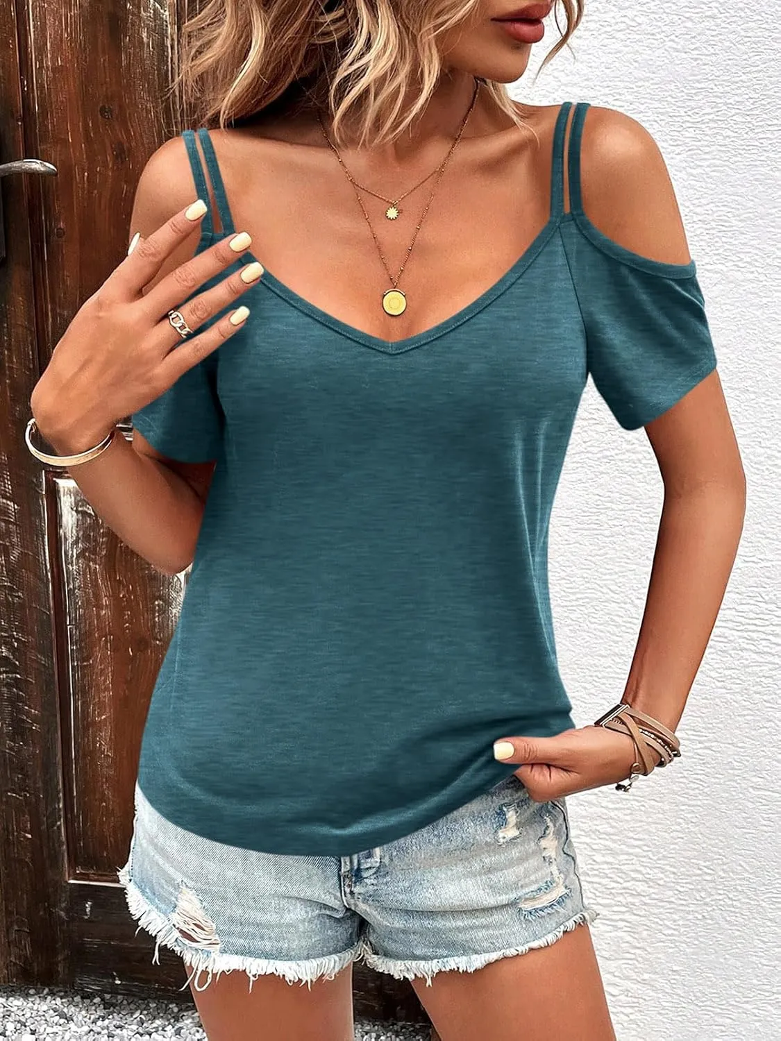 Womens Summer Cold Shoulder Tops Low Back Short Sleeve V Neck T Shirts Sexy Casual