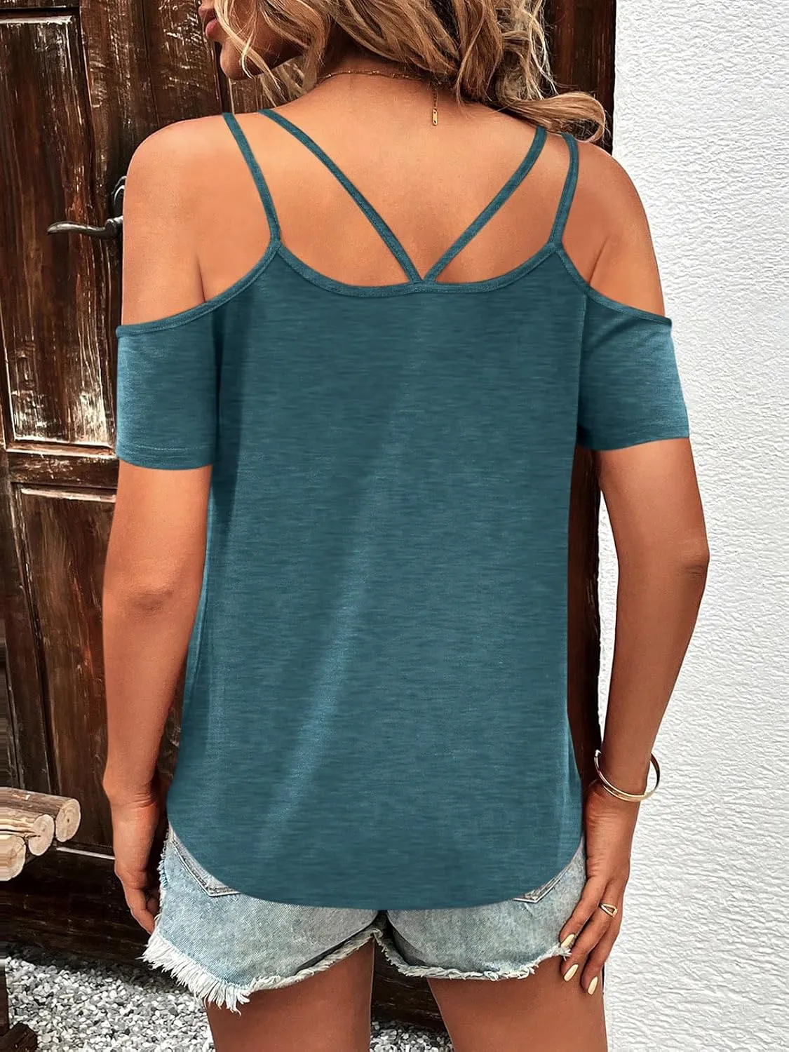Womens Summer Cold Shoulder Tops Low Back Short Sleeve V Neck T Shirts Sexy Casual