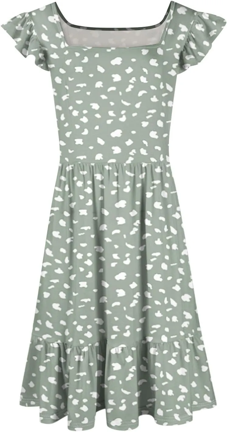 Womens Summer Dress Casual Square Neck Ruffle Tiered Floral Sundress Boho Beach A Line Cute Mini Dress with Pockets