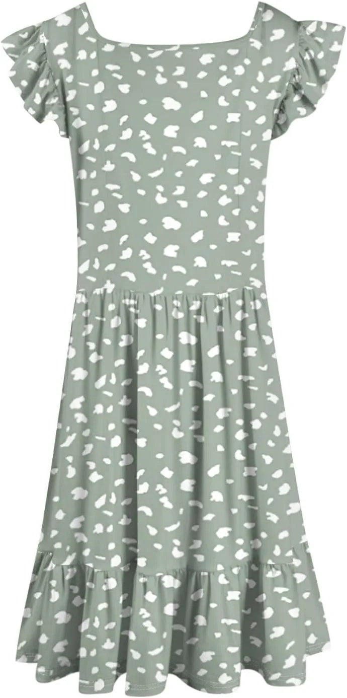 Womens Summer Dress Casual Square Neck Ruffle Tiered Floral Sundress Boho Beach A Line Cute Mini Dress with Pockets