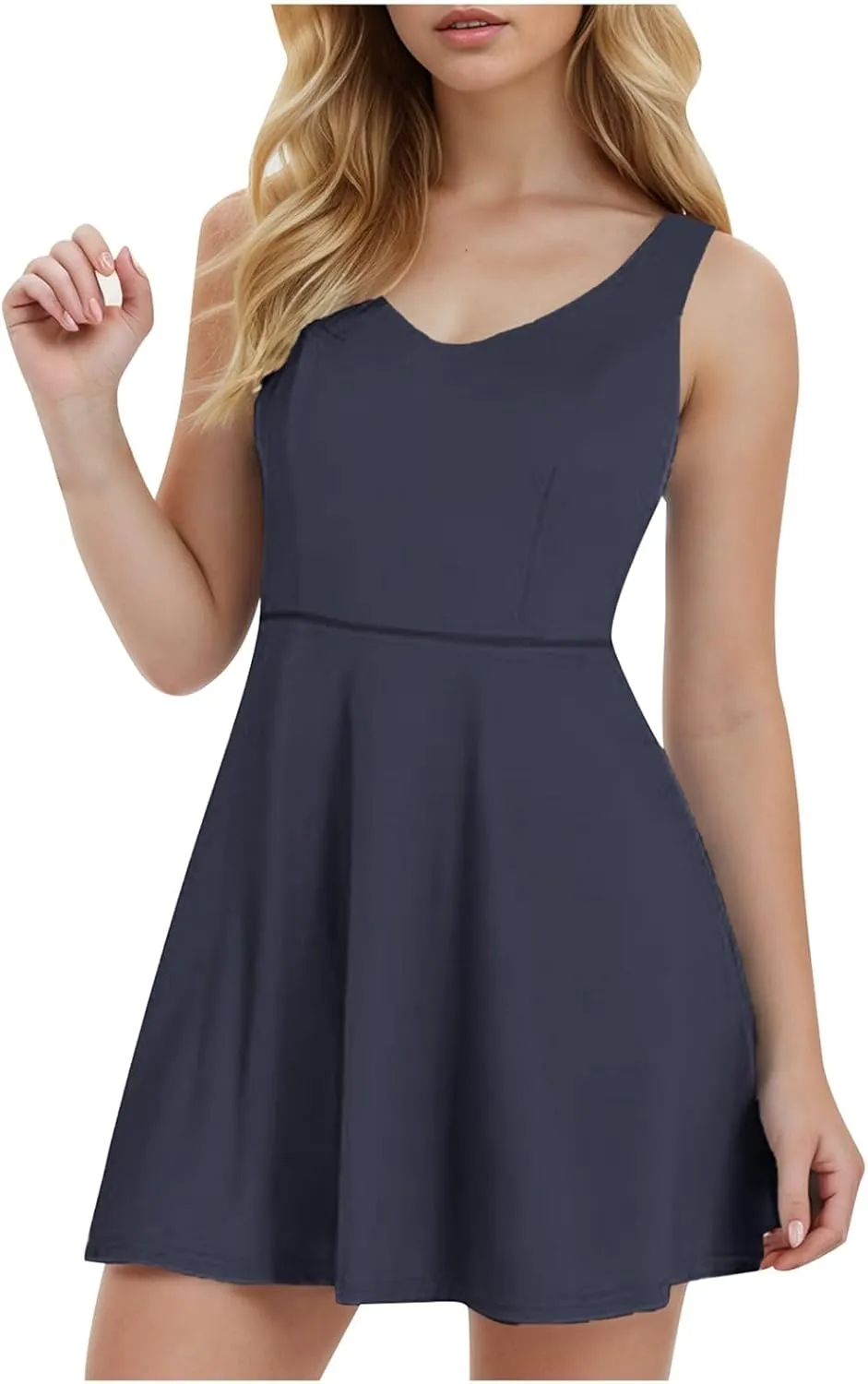 Womens Summer Dresses 2025 V-Neck Spaghetti Strap Dresses Waist Tie Sundress Layer Ruffle Hem a Line Mini Dress