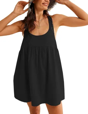 Womens Summer Dresses Sleeveless Square Neck Mini Dress Open Back Casual Babydoll Sundress