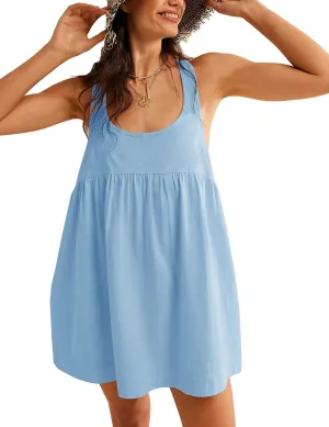 Womens Summer Dresses Sleeveless Square Neck Mini Dress Open Back Casual Babydoll Sundress
