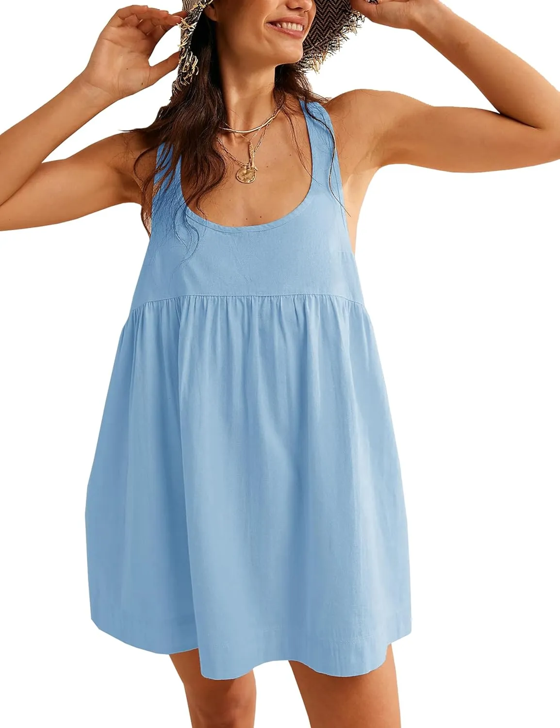 Womens Summer Dresses Sleeveless Square Neck Mini Dress Open Back Casual Babydoll Sundress