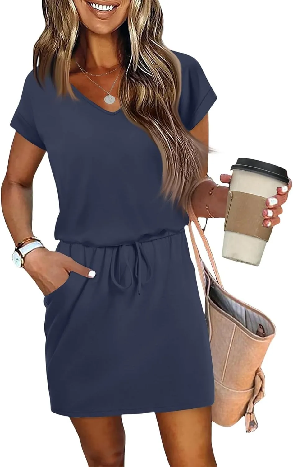 Womens Summer Dresses V Neck Short Sleeve Tshirt Dress Drawstring Cinched Waist Mini Dress A Line Casual Dresses 2025