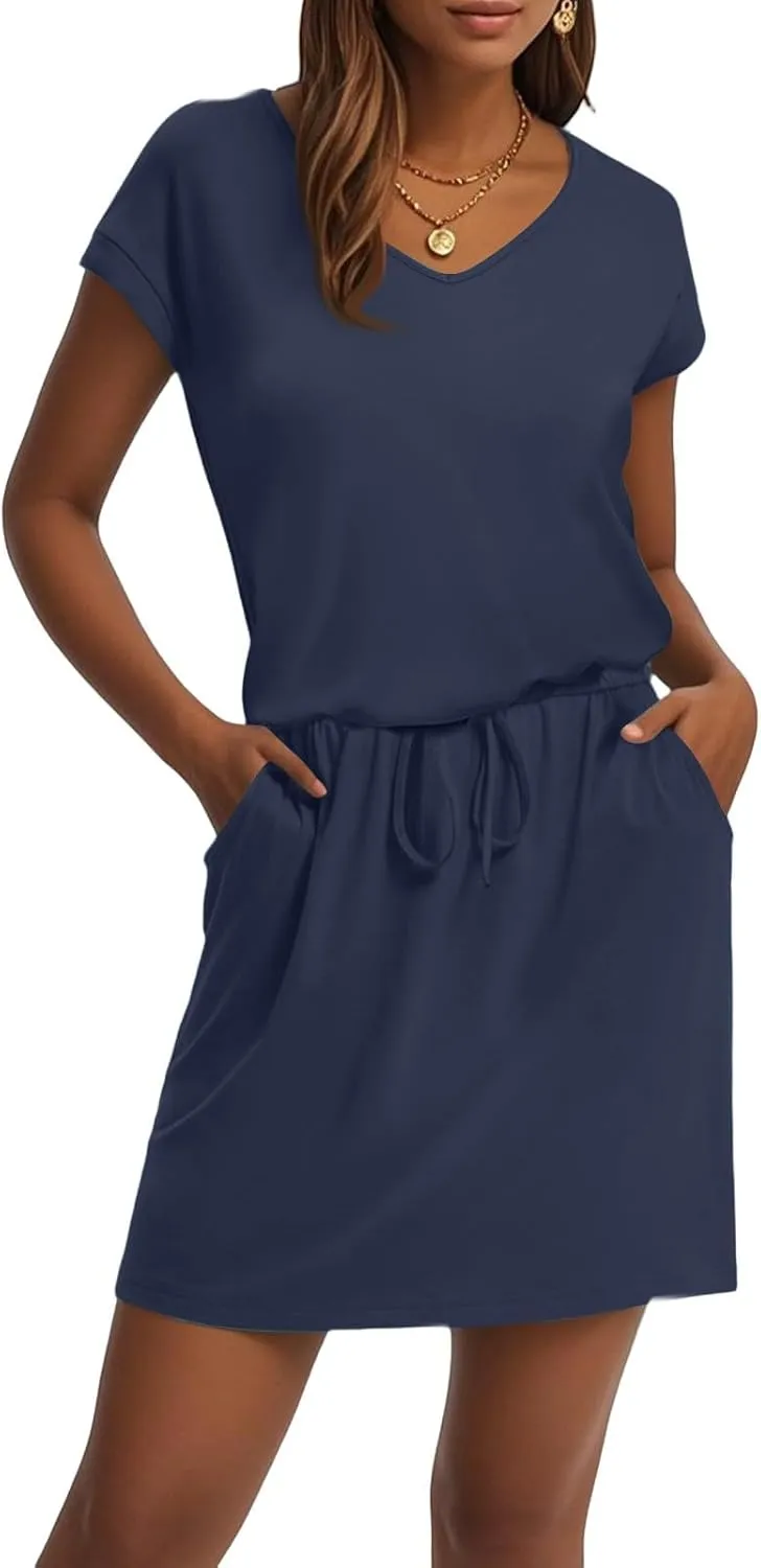 Womens Summer Dresses V Neck Short Sleeve Tshirt Dress Drawstring Cinched Waist Mini Dress A Line Casual Dresses 2025