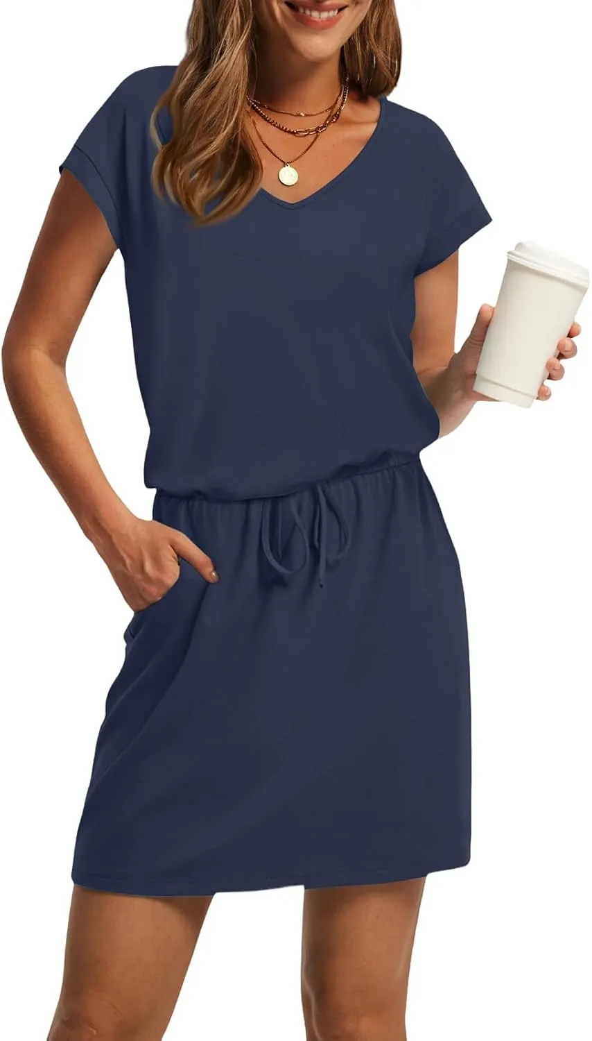 Womens Summer Dresses V Neck Short Sleeve Tshirt Dress Drawstring Cinched Waist Mini Dress A Line Casual Dresses 2025