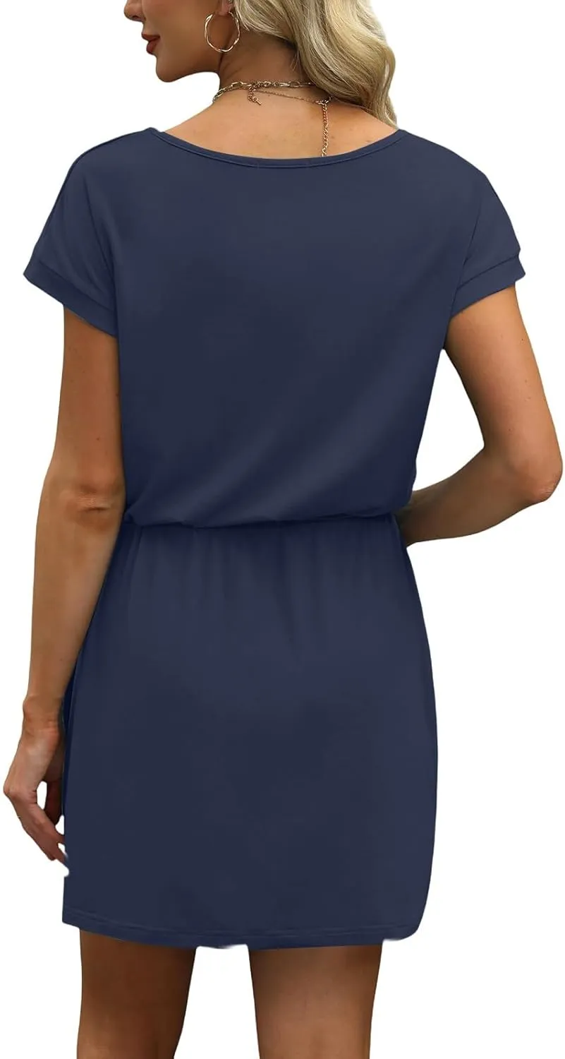 Womens Summer Dresses V Neck Short Sleeve Tshirt Dress Drawstring Cinched Waist Mini Dress A Line Casual Dresses 2025