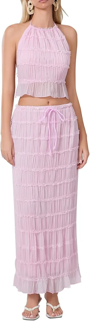 Womens Summer Outfits 2 Piece Beachwear Sexy Backless Ruched Halter Crop Top Matching Pleated Maxi Skirt Sets