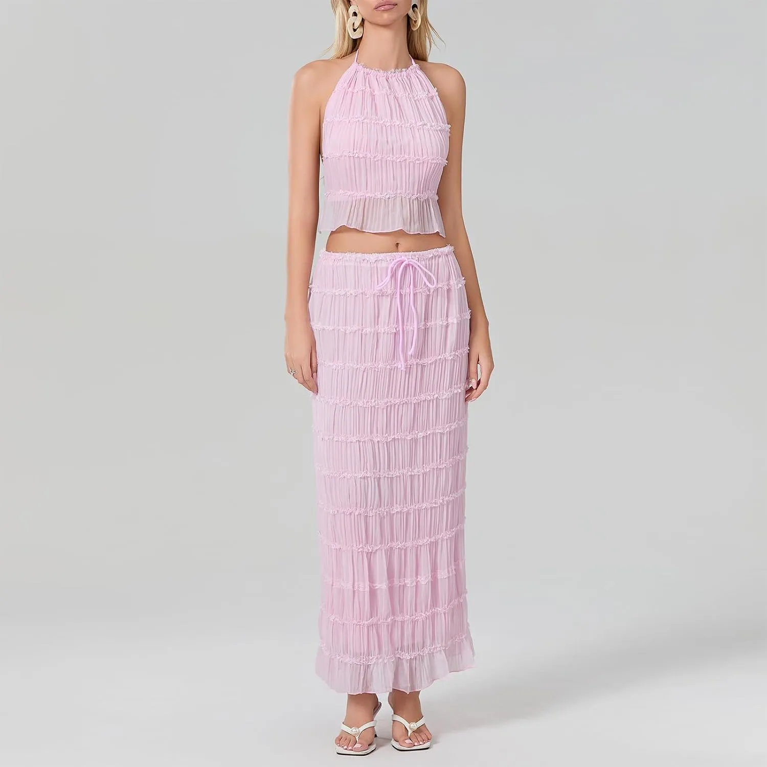 Womens Summer Outfits 2 Piece Beachwear Sexy Backless Ruched Halter Crop Top Matching Pleated Maxi Skirt Sets