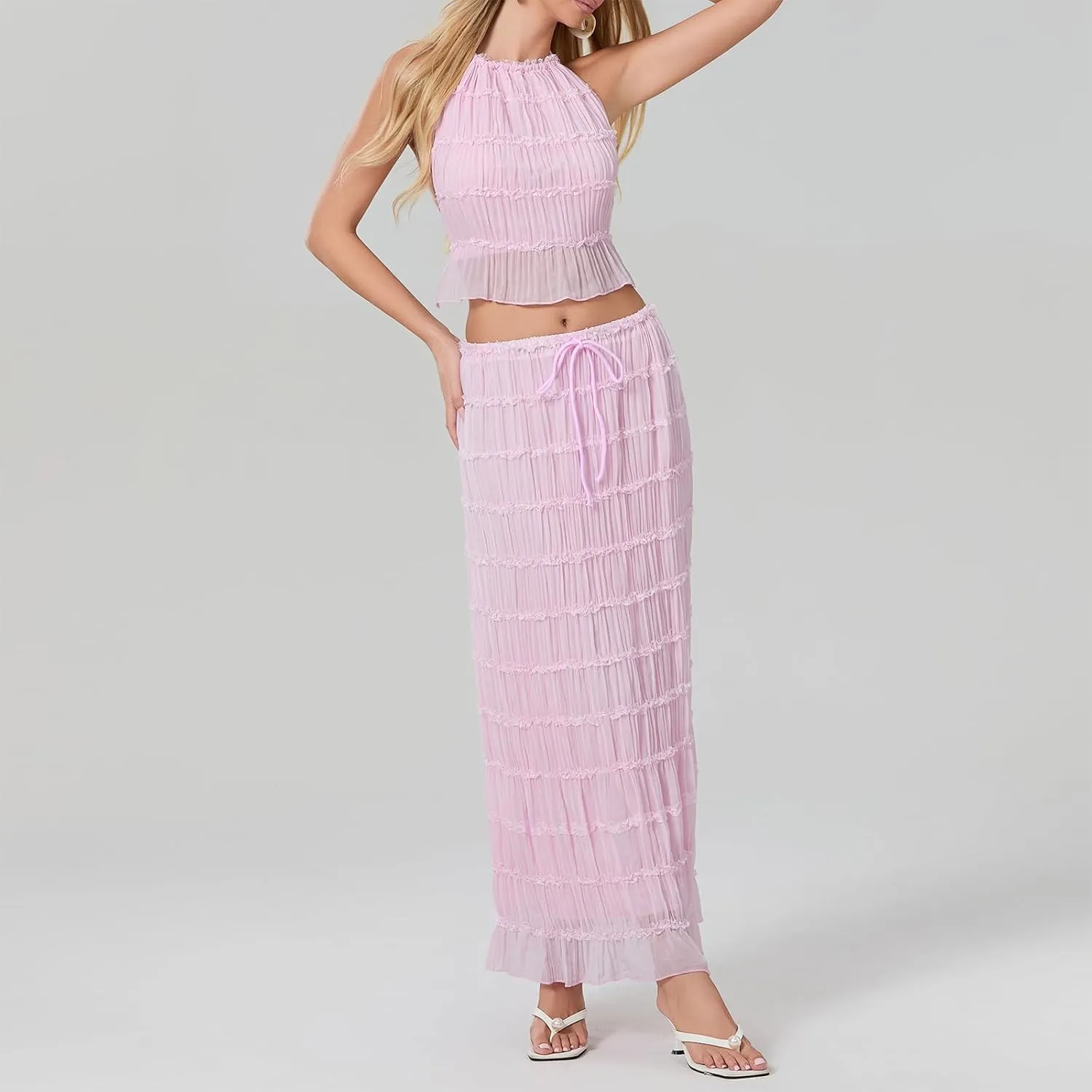 Womens Summer Outfits 2 Piece Beachwear Sexy Backless Ruched Halter Crop Top Matching Pleated Maxi Skirt Sets