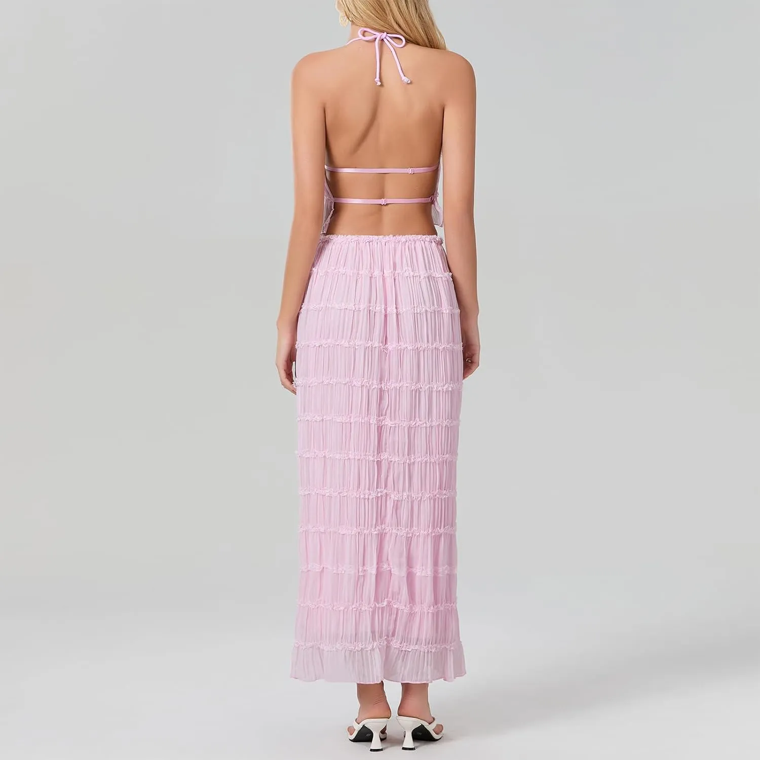 Womens Summer Outfits 2 Piece Beachwear Sexy Backless Ruched Halter Crop Top Matching Pleated Maxi Skirt Sets