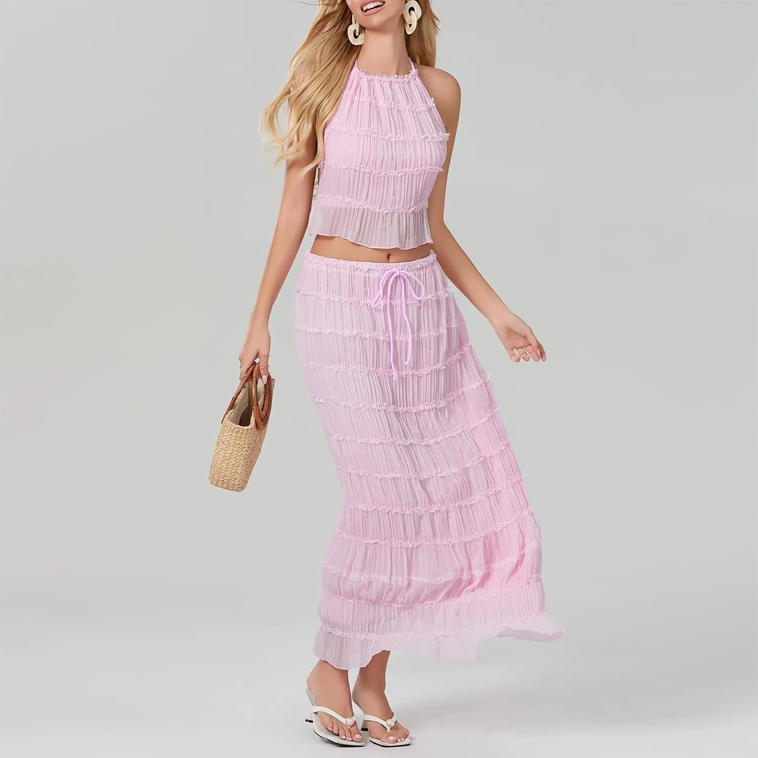 Womens Summer Outfits 2 Piece Beachwear Sexy Backless Ruched Halter Crop Top Matching Pleated Maxi Skirt Sets