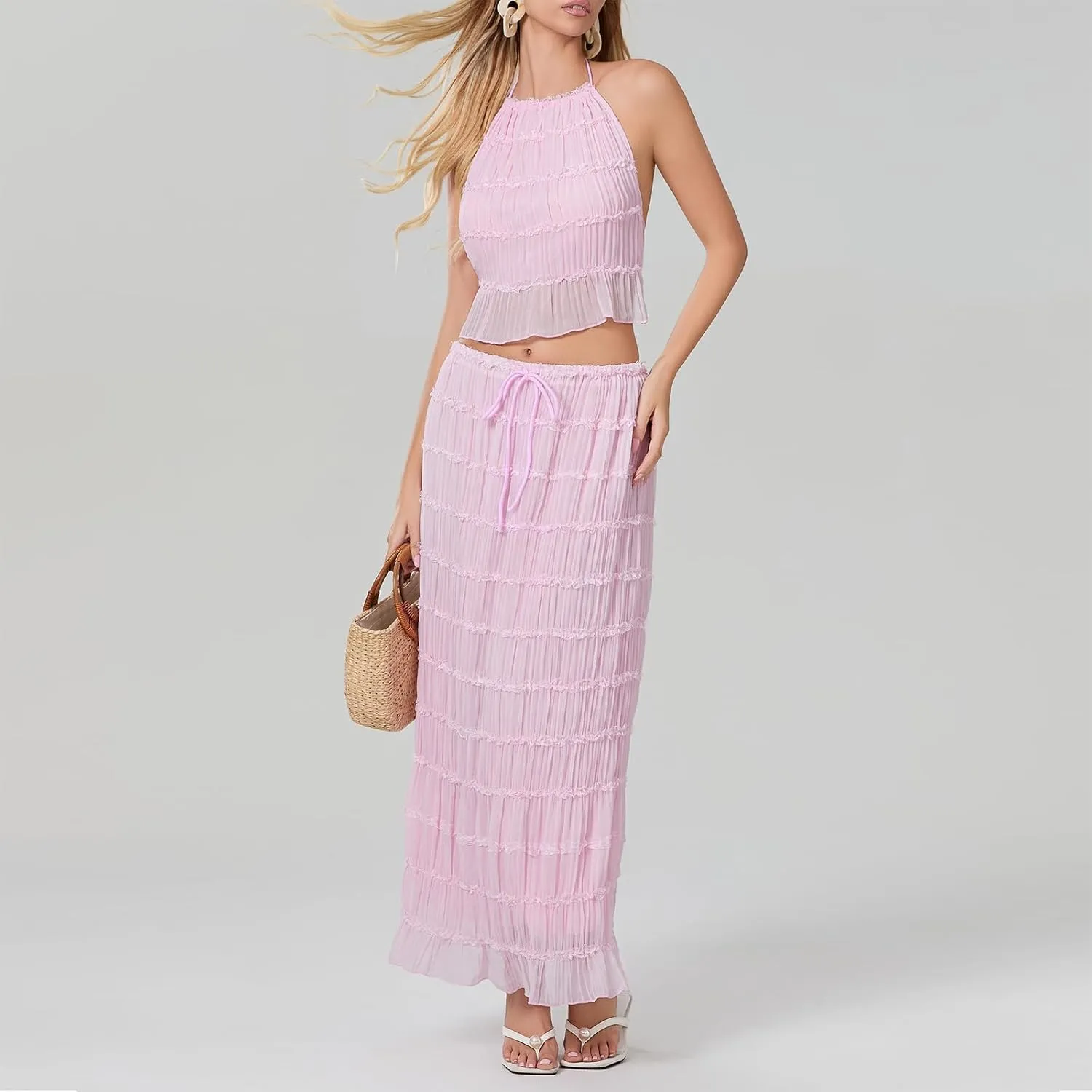 Womens Summer Outfits 2 Piece Beachwear Sexy Backless Ruched Halter Crop Top Matching Pleated Maxi Skirt Sets