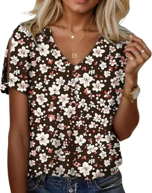 Women's Summer Tops Floral Print Cold Shoulder Boho Tops Casual Loose Button V Neck Tunic T Shirts Blouses