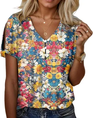 Women's Summer Tops Floral Print Cold Shoulder Boho Tops Casual Loose Button V Neck Tunic T Shirts Blouses