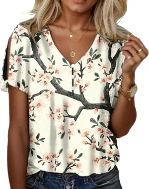 Women's Summer Tops Floral Print Cold Shoulder Boho Tops Casual Loose Button V Neck Tunic T Shirts Blouses