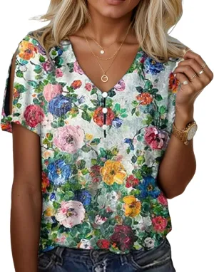 Women's Summer Tops Floral Print Cold Shoulder Boho Tops Casual Loose Button V Neck Tunic T Shirts Blouses