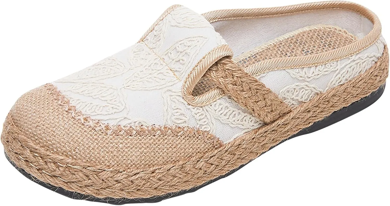 Womens Summer Wedge Heel Loafers Made of Woven Linen with Ethnic Embroidery in Black Half Pack ()