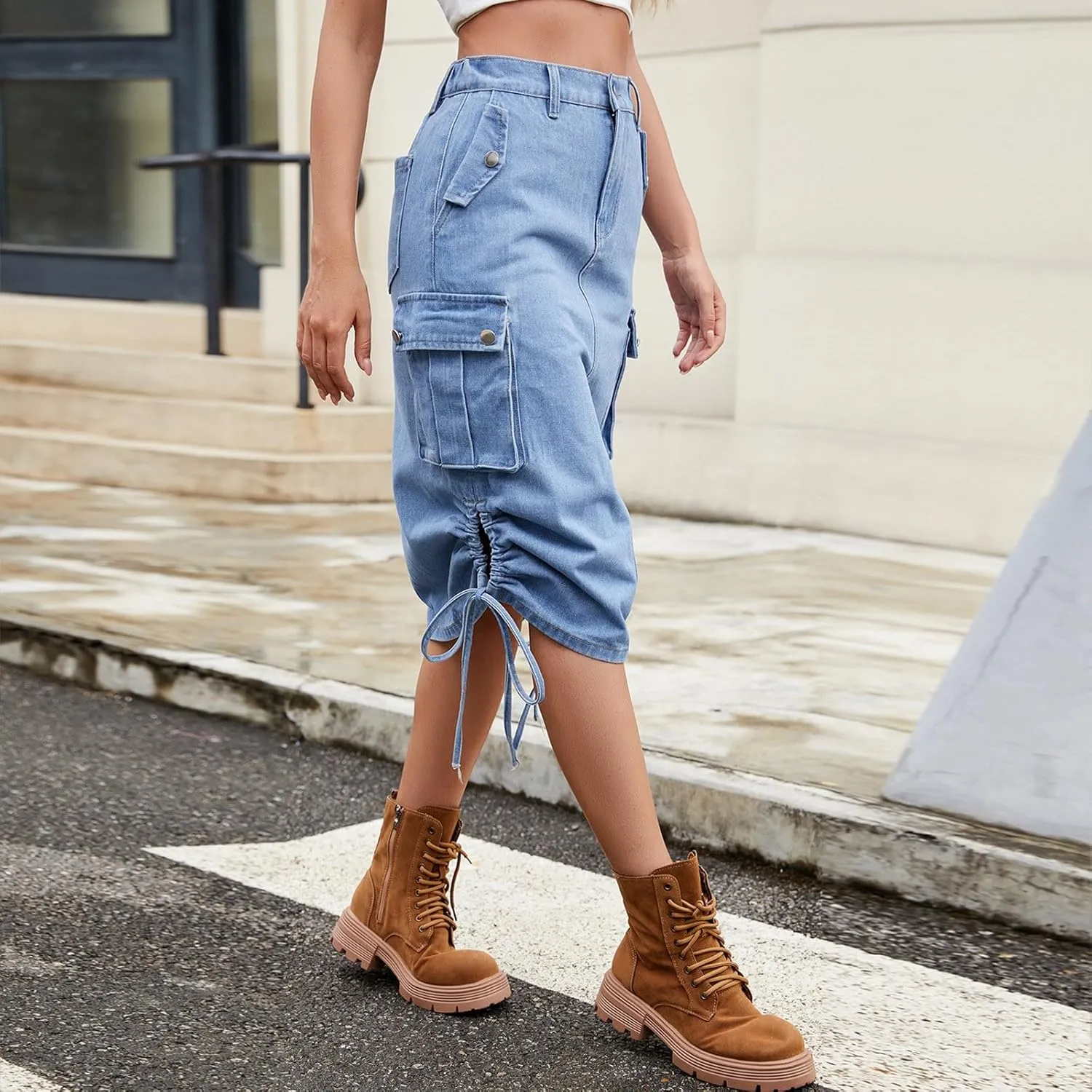 Women's Summer Y2K Drawstring Side Denim Maxi Skirt Casual High Waisted Y2k Midi Long Cargo Skirts with Pockets