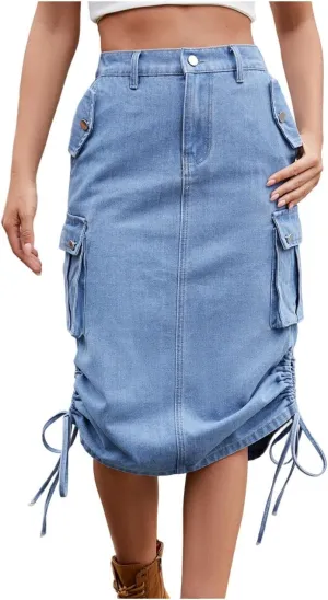 Women's Summer Y2K Drawstring Side Denim Maxi Skirt Casual High Waisted Y2k Midi Long Cargo Skirts with Pockets
