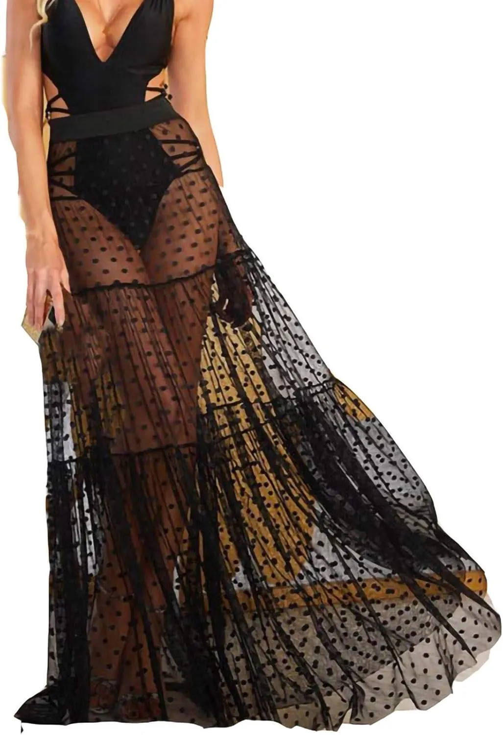 Women's Tiered Sheer Mesh Ballet Trim Skirt Prom Party A Line Midi Skirt Womens Pleated Cheer Ankle Puffy Skirts