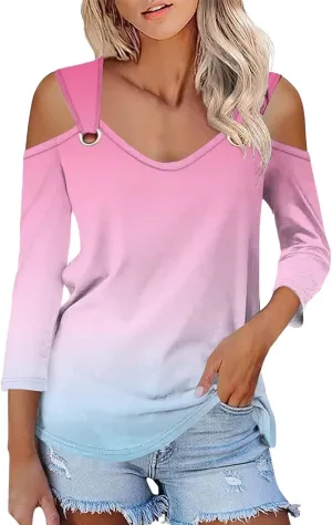 Women's Tops V Neck 3/4 Sleeve Shirts Casual Blouses Cold Shoulder Tops Basic Tees Floral Print Tshirts Spandex