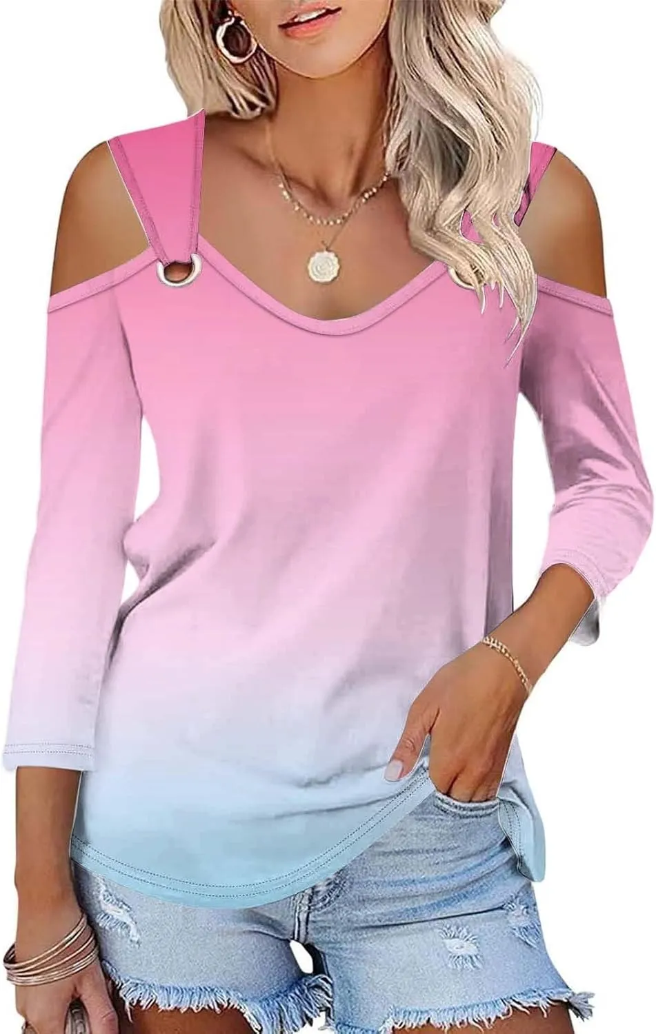 Women's Tops V Neck 3/4 Sleeve Shirts Casual Blouses Cold Shoulder Tops Basic Tees Floral Print Tshirts Spandex