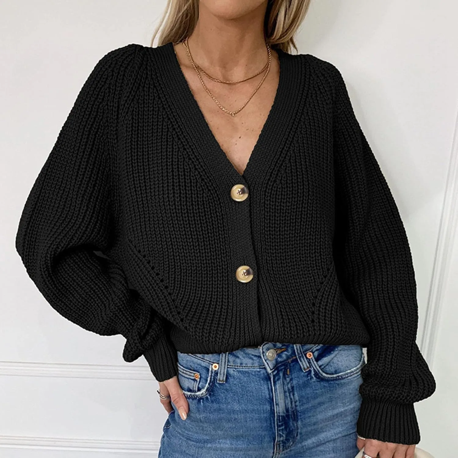 Womens Trendy Sweater Fall Vintage Thick Knitted V Neck Buttoned Long Sleeve Tunics Hollow Out Crochet Party Cardigan