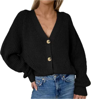 Womens Trendy Sweater Fall Vintage Thick Knitted V Neck Buttoned Long Sleeve Tunics Hollow Out Crochet Party Cardigan