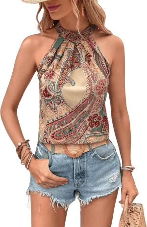 Women's Tropical Paisley Print Halter Blouse Sleeveless Boho Shirt Tops Button Back Vacation Tops