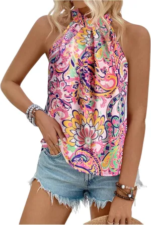 Women's Tropical Paisley Print Halter Blouse Sleeveless Boho Shirt Tops Button Back Vacation Tops