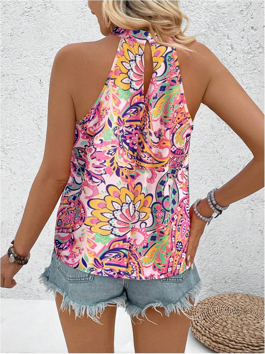 Women's Tropical Paisley Print Halter Blouse Sleeveless Boho Shirt Tops Button Back Vacation Tops