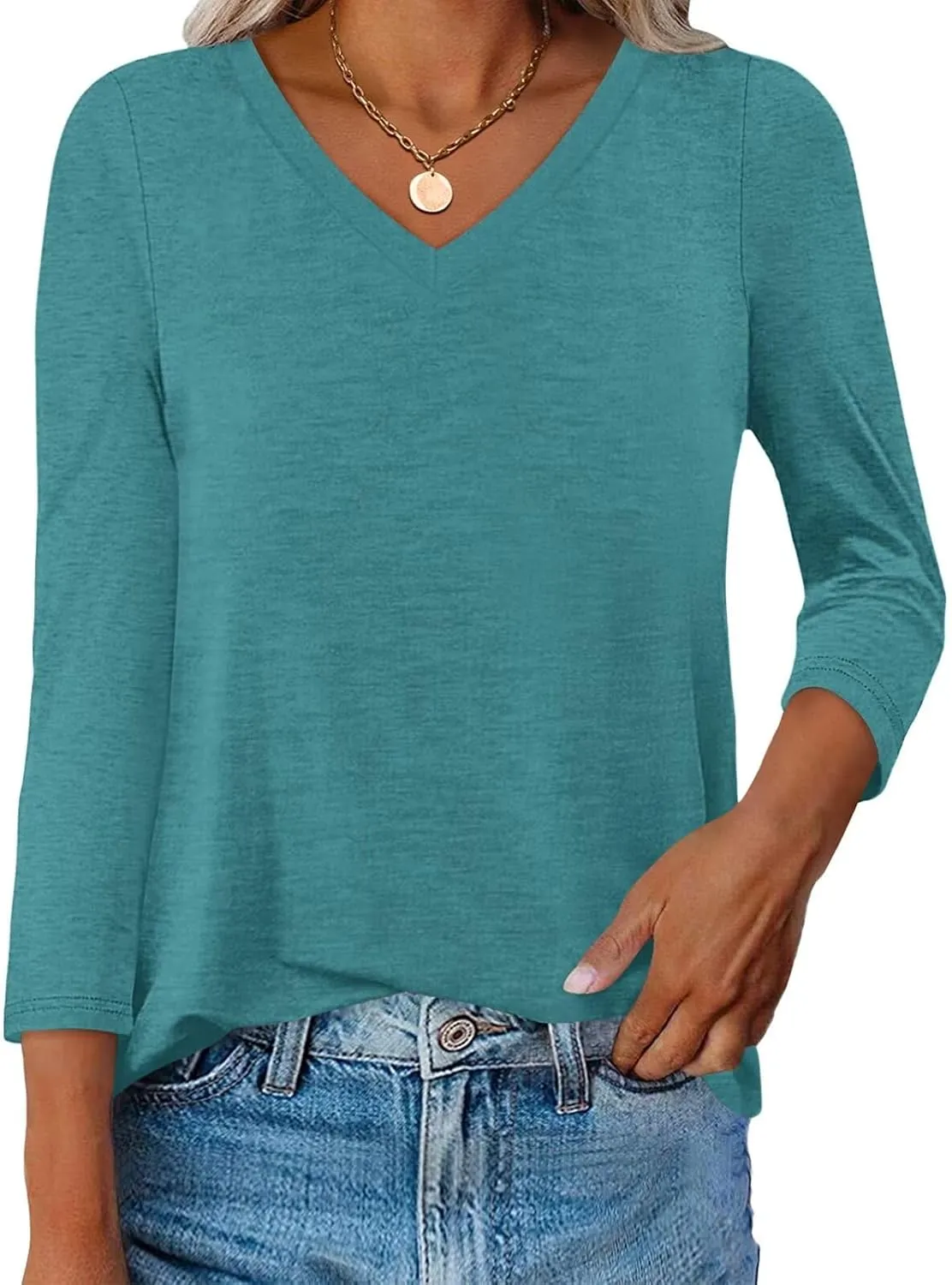 Womens V Neck 3/4 Sleeve T Shirts Casual Curved Hem Tunic Tops Basic Loose Fit Tees Fall Outfits 2025