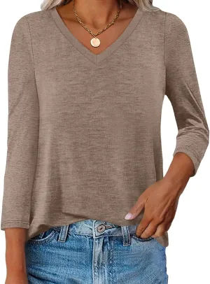 Womens V Neck 3/4 Sleeve T Shirts Casual Curved Hem Tunic Tops Basic Loose Fit Tees Fall Outfits 2025
