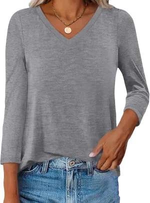 Womens V Neck 3/4 Sleeve T Shirts Casual Curved Hem Tunic Tops Basic Loose Fit Tees Fall Outfits 2025