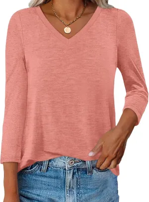 Womens V Neck 3/4 Sleeve T Shirts Casual Curved Hem Tunic Tops Basic Loose Fit Tees Fall Outfits 2025