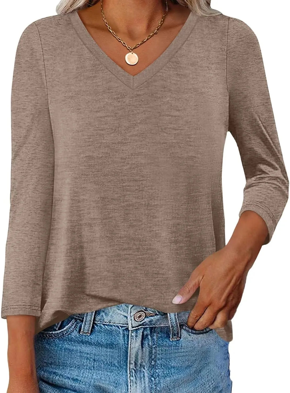 Womens V Neck 3/4 Sleeve T Shirts Casual Curved Hem Tunic Tops Basic Loose Fit Tees Fall Outfits 2025