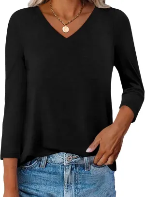 Womens V Neck 3/4 Sleeve T Shirts Casual Curved Hem Tunic Tops Basic Loose Fit Tees Fall Outfits 2025