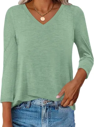 Womens V Neck 3/4 Sleeve T Shirts Casual Curved Hem Tunic Tops Basic Loose Fit Tees Fall Outfits 2025