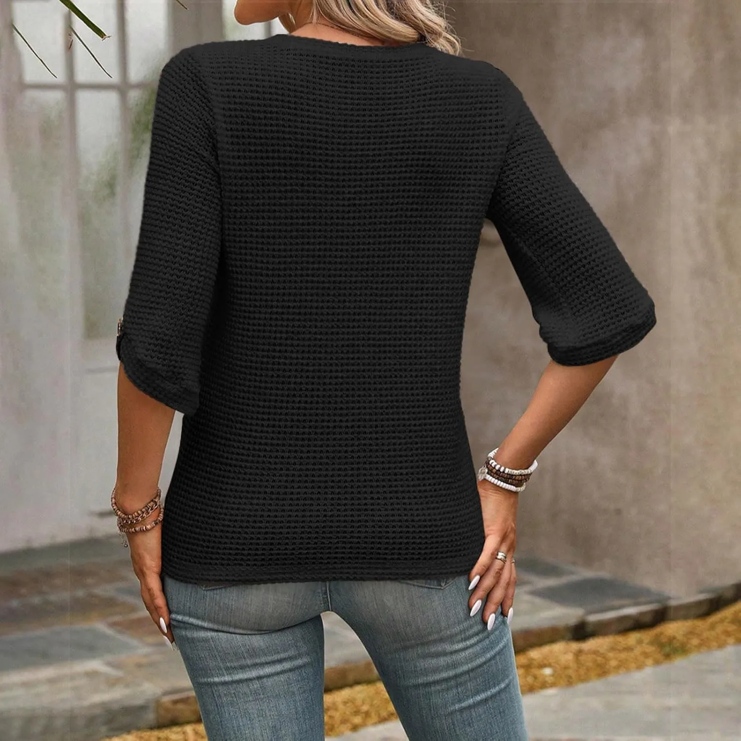 Womens Waffle Knit Shirts Fashion Short Sleeves with Button Crewneck Tunic Tops Casual Solid Loose Blouses Tees